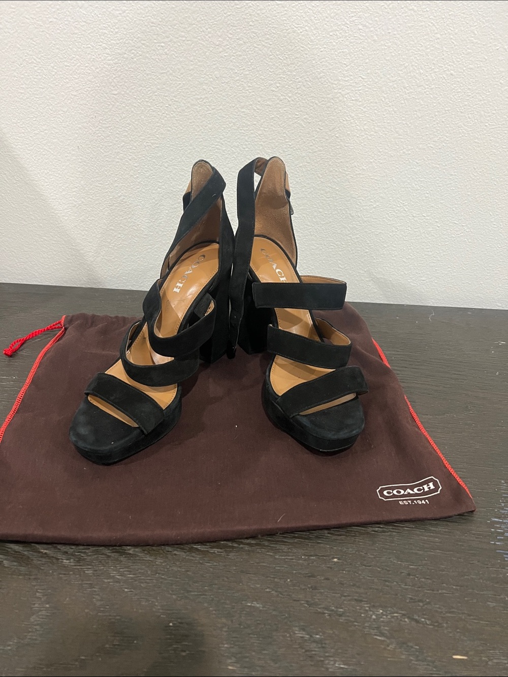 Coach Black Suede Strappy chunky heels